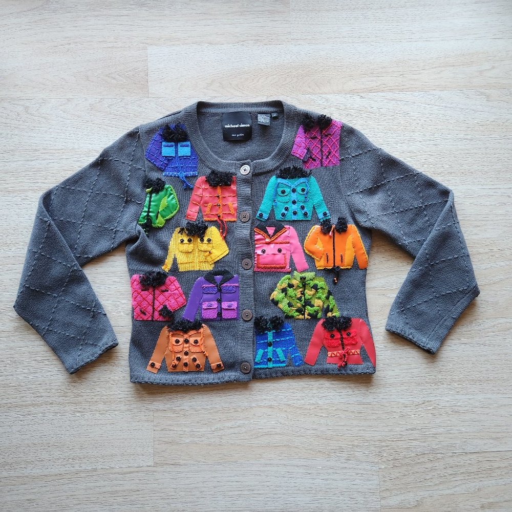 Michael Simon Bead Felt Vinyl Embellished Cardigan Button Cotton Blend Grey - Picture 1 of 9